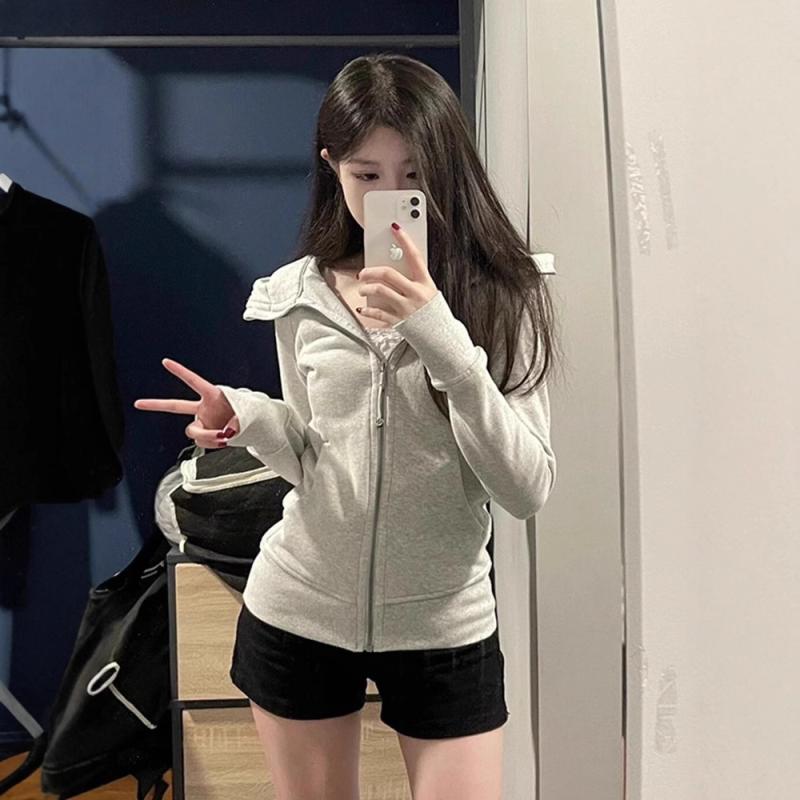 レディース スウェット トップス 春夏 連帽 長袖 修身 収腰 ジップアップ ポケット 付き かわいい 韓国風 快適 軽量 コットン 素材 ピンク 白 グレー 普段使い カジュアル スタイル ハイネック デザイン 伸縮性 トップス インナー レイヤード