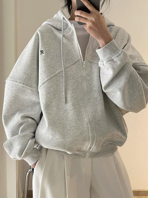 レディース スウェットパーカー 連帽 長袖 綿ポリ混紡 中厚手 ジップアップ 刺繍 ロゴプリント ゆったりシルエット 軽量 伸縮性 吸湿速乾 春夏 秋冬 通勤 普段使い 部屋着 浅グレー ネイビー 韓国風 カジュアル トップス|フォークBR