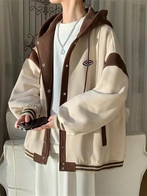 メンズ 春 コート 切り替え デザイン ユニセックス 連帽 開衫 カーディガン トップス ミドルゲージ ポリエステル 素材 長袖 スタンドカラー ジップアップ ゆったりシルエット ノンアイロン加工 サイドポケット 杏色 ブラック 春夏 秋 カジュアル ス