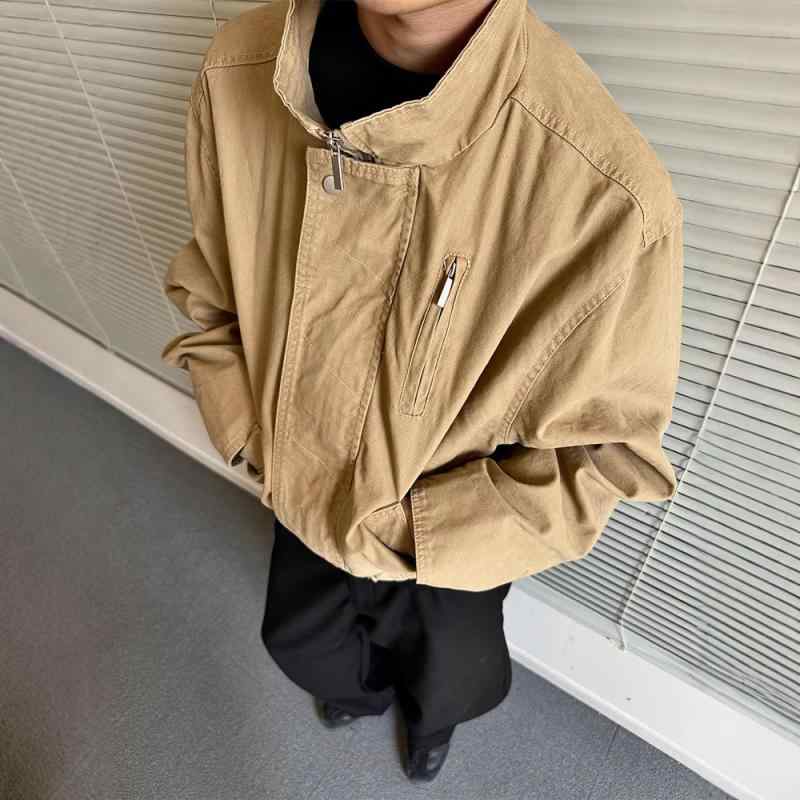 メンズ ジャケット 春秋 スタンドカラー ジップアップ ルーズフィット アウター 長袖 コットン混紡 ポリエステル 耐久性 色落ち防止 無皺加工 丸底 リブカフス かき色 ダークグレー 青春 ストリート カジュアル 日常使い 通勤 軽量 伸縮性
