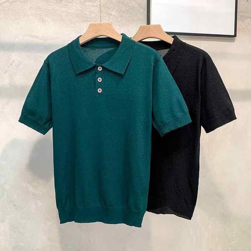 メンズ ニット Tシャツ トップス 英倫風 ゆったり ラウンドネック 短袖 ポリエステル ブラック グリーン 春 春夏 青年 休? かわいい 伸縮性 吸湿速乾 トレンド