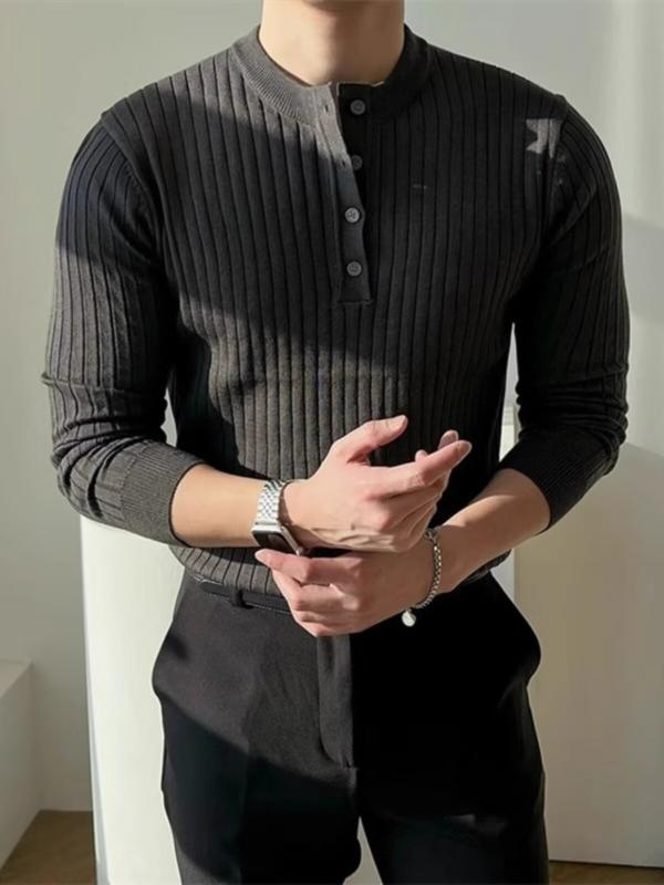 メンズ 長袖 Tシャツ トップス 亨利領 春秋 メンズ 復古 丸首 ニットセーター 高級感 百搭 ストライプ 修身型 透気 機洗可能 化繊混紡 ポリエステル ブラック ホワイト ダークブラウン ダークグレー 青年 休? カジュアル 都市スタイル 軽量 伸