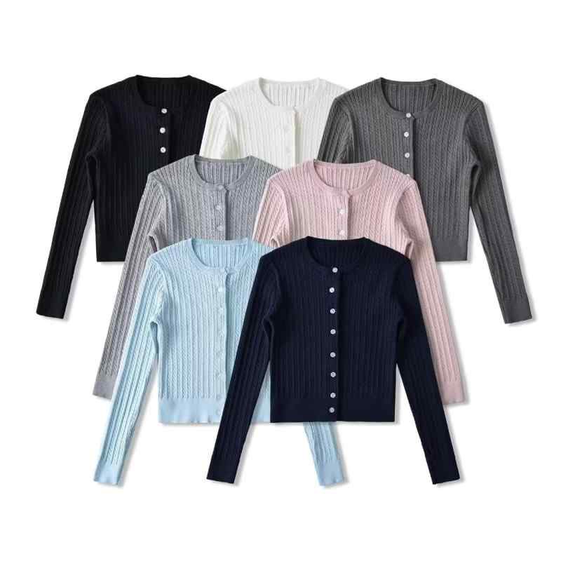 ニットカーディガン 女性用 秋冬 修身シルエット スリムフィット 短丈 トップス 丸首 シングルブレスト コットン 再生繊維 長袖 ボタン 切り替えデザイン 純色 ブルー ピンク ホワイト ライトグレー ブラック ダークグレー ネイビー 軽量 伸縮性 普