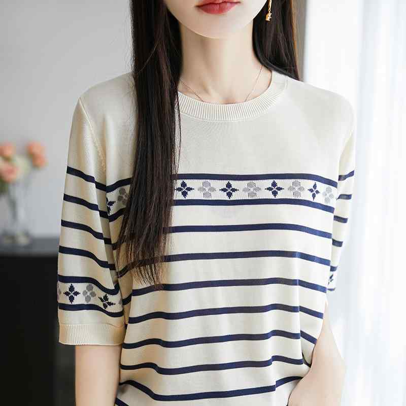 トップス レディース 春夏 接触冷感 天絲 レイヨン 素材 丸首 ニット 短袖 半袖 Tシャツ ワイドシルエット ピッタリ 切り替え 配色 ストライプ 柄 通勤 普段使い 気質 スタイル 普通丈 米白色 ネイビー 軽量 吸湿速乾 柔らかい肌触り