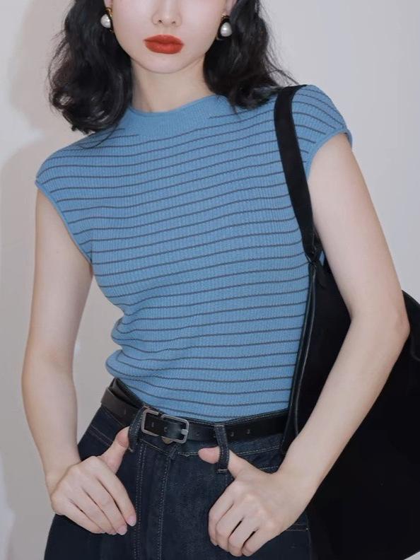 Tシャツ トップス 女性用 春夏 無袖 丸首 ストライプ 柄 切り替え ニット ブラウス 修身 フィット 通勤 普段使い 韓国風 韓流 スタイル 杏色 ブルー 薄手 ゆったり シルエット 接触冷感 吸湿速乾 軽量 再生繊維
