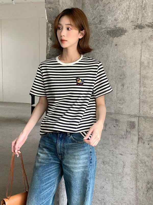 トップス 女性用 春夏 丸首 半袖 綿素材 切り替え ストライプ 刺繍 ゆったり トップス 気質 通勤 普段使い 伸縮性 吸湿速乾 赤白ストライプ 黒白ストライプ ホワイト