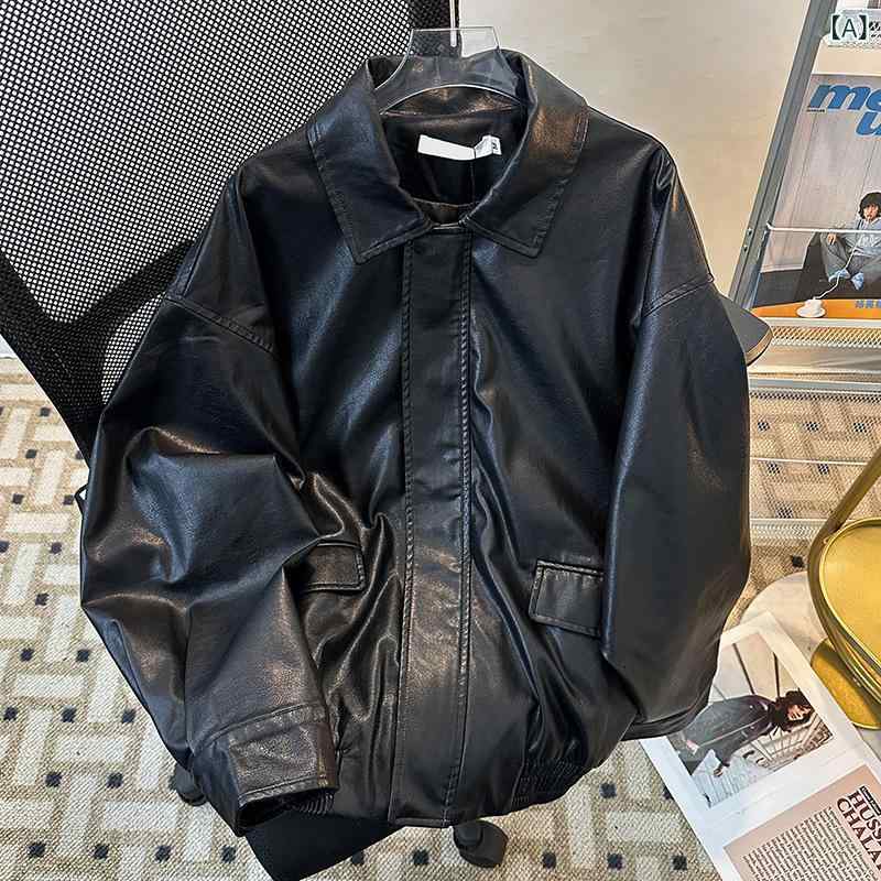 レザージャケット メンズ レディース 春秋 コットン混紡 ポリエステル ゆったりシルエット スタンドカラー ジップアップ ロングスリーブ ステッチ 立体ポケット ストレートヘム 黒 ブラウン ストリート カジュアル ゆったり 軽量 速乾 普段使い 秋冬