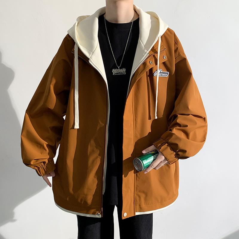 メンズ フード付き ジャケット コート かっこいい 港風 切り替え デザイン コットン混紡 伸縮性 薄手 長袖 ラグランスリーブ サイドポケット ルーズフィット 春季 秋季 通勤 日常 カジュアル スタイル かき色 ブラック キャラメル ベージュ
