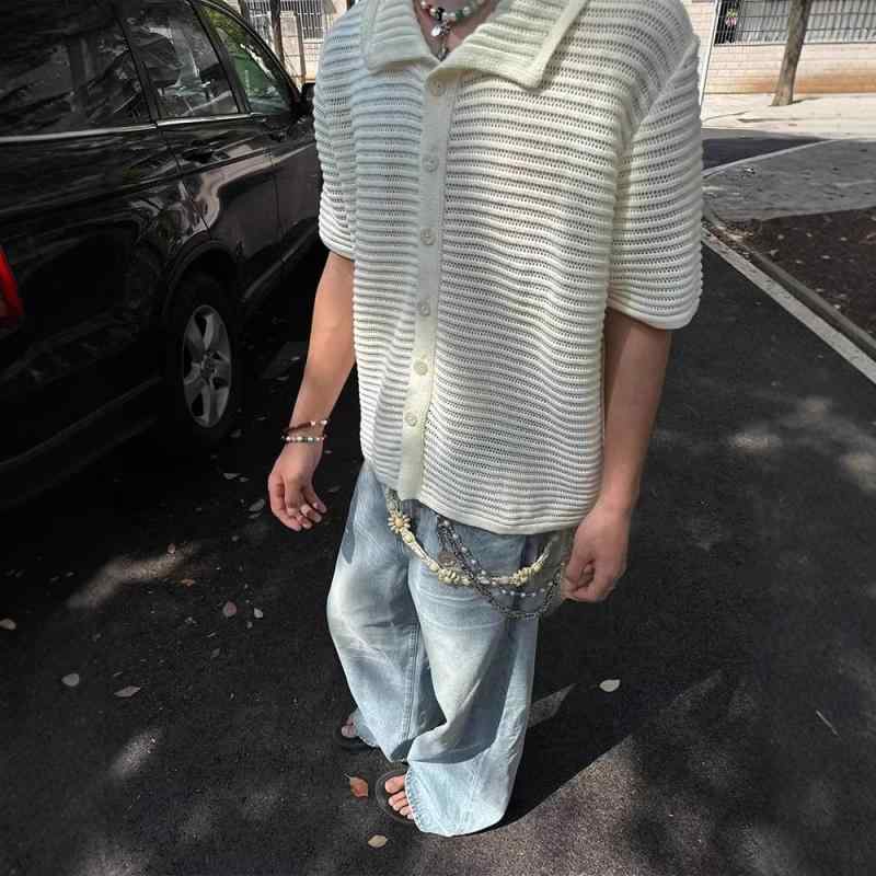メンズ 春夏 ニット カーディガン 短袖 トップス 開襟 シャツ ルーズフィット ポロ襟 モダール ポリエステル 切り抜き デザイン ヴィンテージ 風 街着 コーディネート 休? 杏色 免?加工 青少年向け