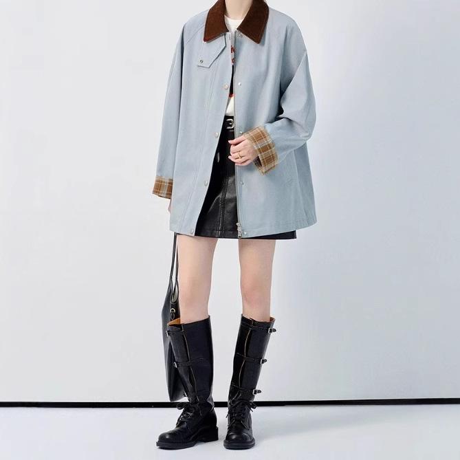 トレンチコート 女性用 短丈 春夏 ミリタリー風 アウター トップス 綿 ポリエステル 切り替え ワイドシルエット スタンドカラー 長袖 ボタン ミドル厚 グレー ブルー 通勤 普段使い 気質 エレガント 軽量 吸湿速乾｜フォークBR