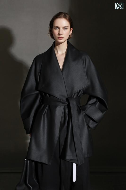 レディース 風衣 コート 廓形 デザイン 短め 丈 女性用 高級感 外套 通勤用 春季 黒 グレー オレンジ ベージュ カーキ ミディアム 厚 ゆったり シルエット ロング 丈 ラウンド ネック ロング スリーブ ポケット 付け 光沢 加工 単排 ボタン|フォークBR