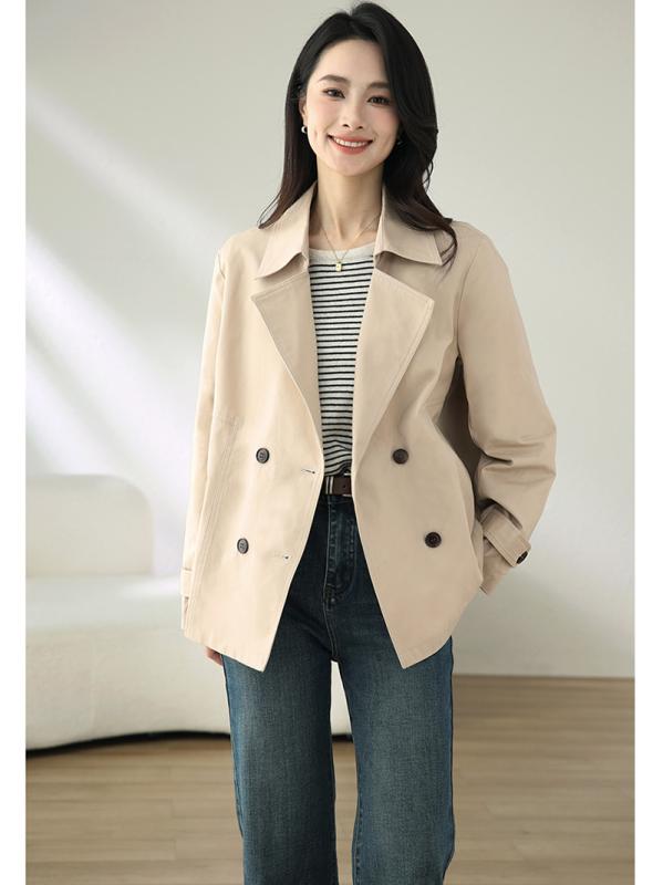 コート レディース 春 トレンチコート 短丈 女性用 ダブルブレスト 綿素材 長袖 西装? ルーズフィット シンプル デザイン 赤褐色 純色 ミドル厚 日常使い 快適 履歴 加工 韓国風 カジュアル トップス 外套 ジャケット
