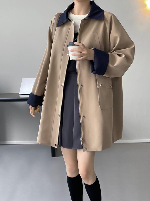 コート 女性用 小柄 ロングコート ワイドシルエット トレンチコート 切り替えデザイン 大型ラペル ポリエステル ミドル厚 長袖 ジッパー シンプル 韓国風 グレー カーキ 通勤 普段使い 秋冬 軽量 ゆったり