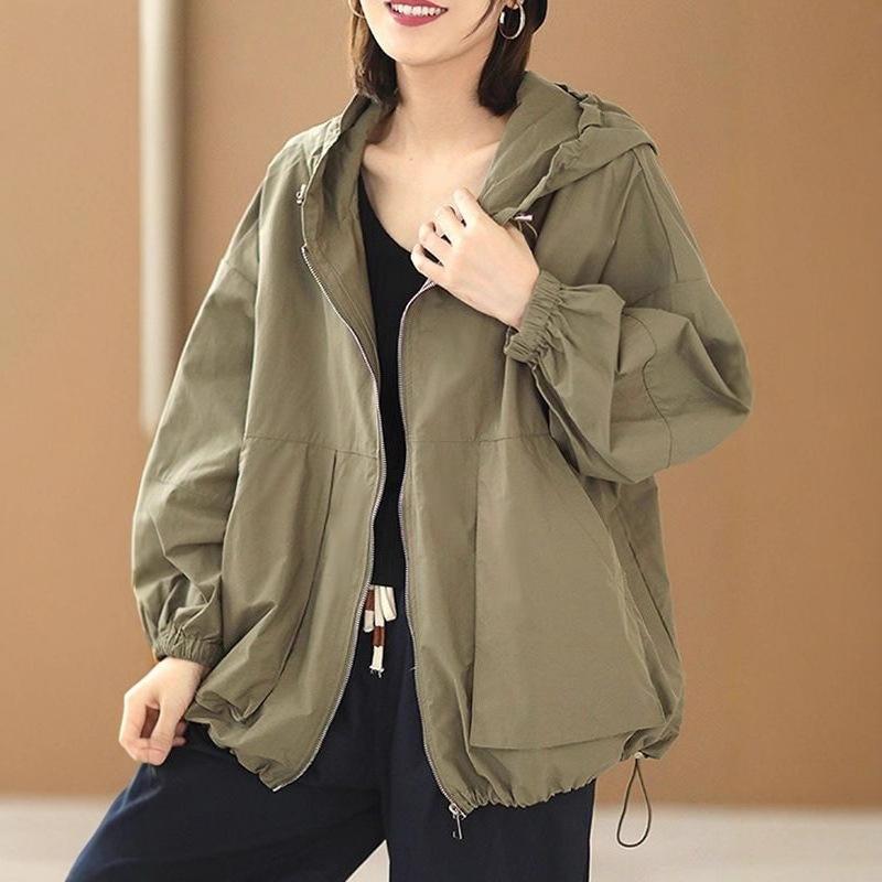 レディース コート ショート丈 ジャケット 長袖 フード付き 春秋 ゆったり ファッション カジュアル 豆緑 グレー 雪ニール 素材 切り替え デザイン 私服 スタイル 御姐 風 ビッグサイズ 伸縮性 軽量 通勤 普段使い 部屋着