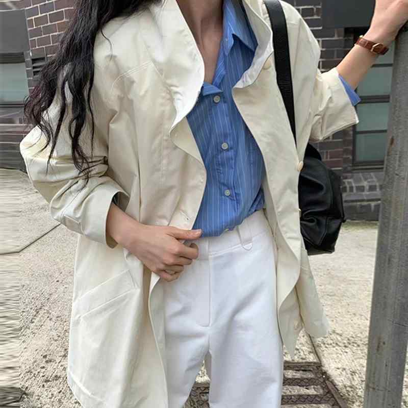 コート レディース 中長丈 綿素材 ワイドシルエット ゆったり 長袖 スタンドカラー シングルブレスト ポケット ベージュ 純色 ミドル厚 韓国風 カジュアル デイリー 軽量 柔らかい 普段使い 通勤 秋冬