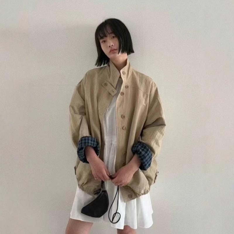 春 コート レディース 立領 風衣 綿 中厚手 ワイドシルエット ミドル丈 長袖 単排ボタン 韓国風 デザイン カジュアル 普段使い ベーシック コットン 素材 ベージュ グレー ネイビー 軽量 快適