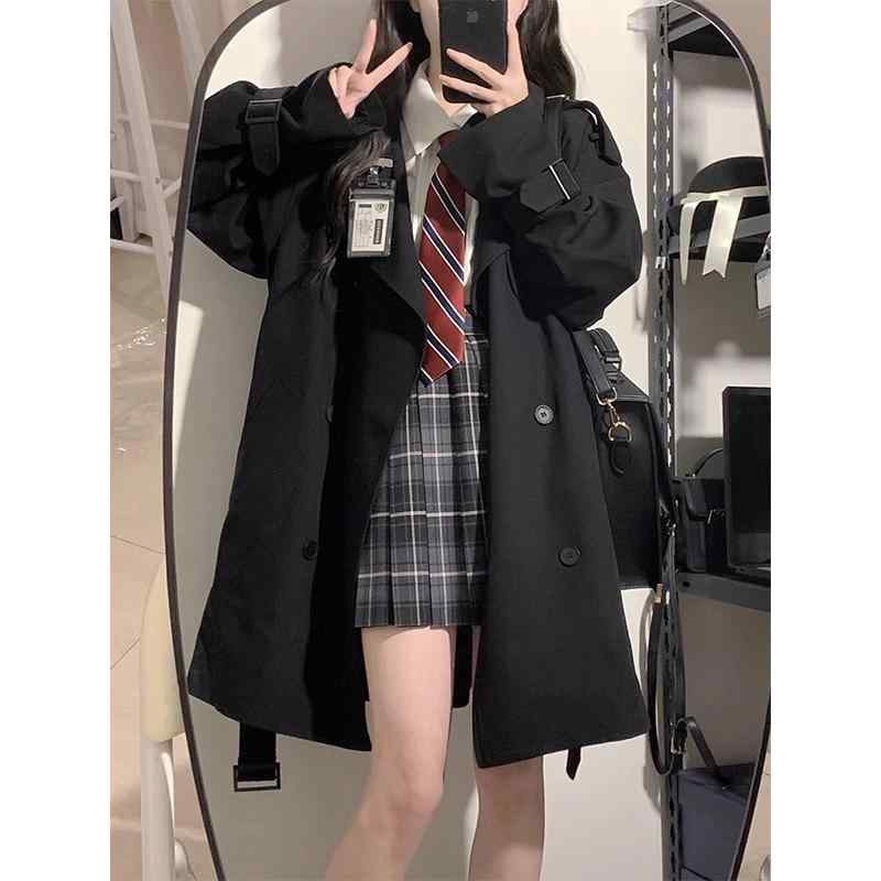 コート 女性用 春夏 秋冬 ショート丈 ブラック トレンチコート 直筒型 ミドルゲージ 長袖 ポロカラー ダブルブレスト 挿肩袖 ポケット 雪ニール 再生繊維 綿 伸縮性 中性スタイル 日韓カジュアル 百搭 英倫風 軽量 通勤 普段使い