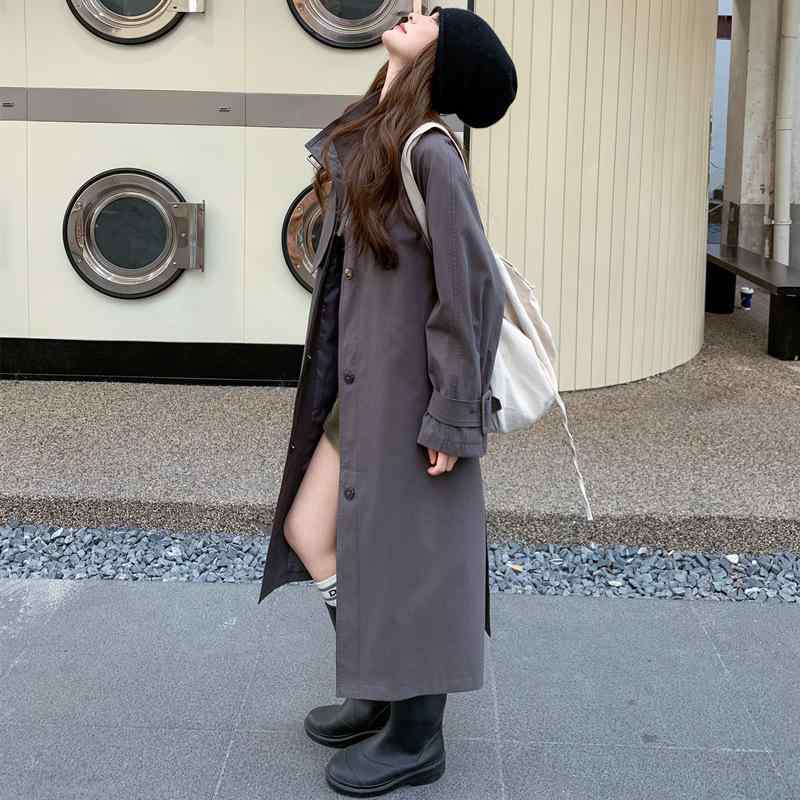 厚地の外套 成人女性用 春 英倫風 広々とした影ぼうし か細い成り行き 中長丈 大衣 深薄墨色 綿織物ポリエステル 無地 照明ランプ色つや ロング捩り 名取り草 衣嚢 ゆったり 並み並み厚 挿肩袖 シングル前胸部 日常心地好い 人となり窈窕たる