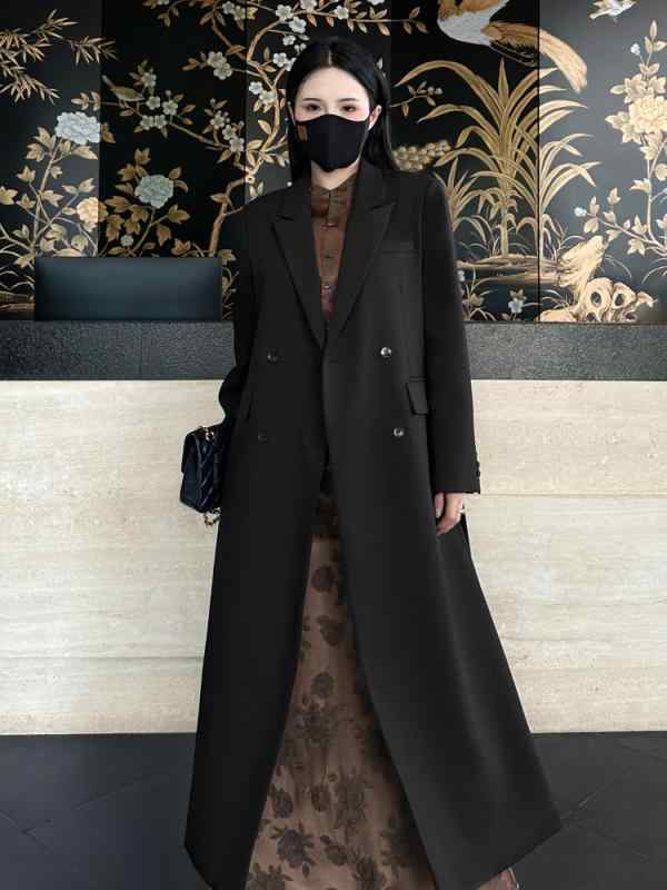 ロングコート 女性用 通勤 修身型 ダブルブレスト 長袖 西装領 ポリエステル 高級感 気質 秋冬 ブラック グレー カーキ 快適 軽量 ゆったりシルエット 普段使い|フォークBR