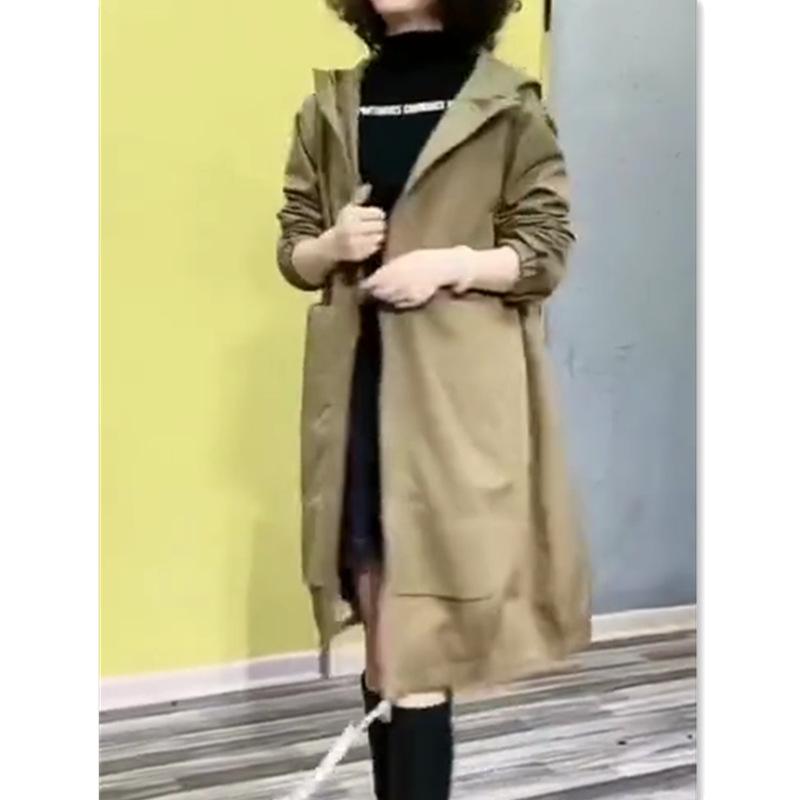 レディース 厚地の外套 風衣 春夏 トレンチコート 真っただ中レングス ボンネット付き添い人 長袖 ファスナー ポリエステル ポリエステル衣料繊維 無地 中朦々たる ゆったり影ぼうし 人となり 通い風 日常使い走り 軽さ 伸縮性 カーキ 黒いこと ベージュ系 うす暗い色つや 秋冬相応う