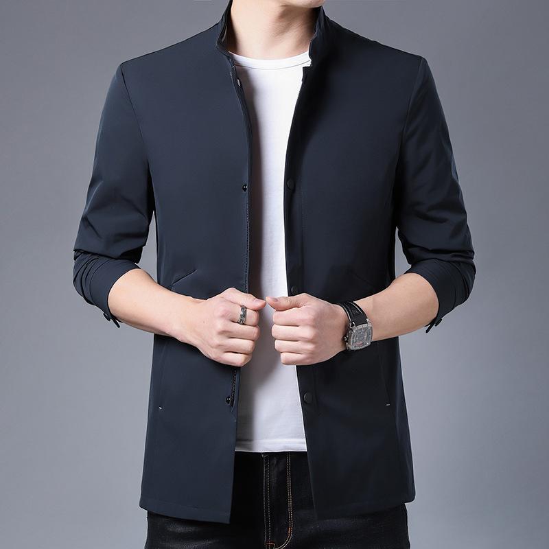 中長丈 風防服 メンズ 中年 父親用 ジャケット コート 立襟 ジッパー 無地 合体 黒 紺 ポリエステル 春秋 日常 ビジネス 紳士 軽量 通勤 普段使い