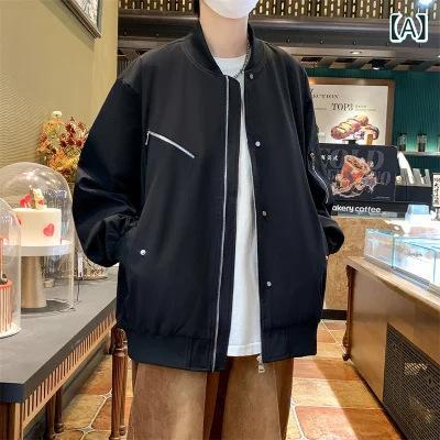 メンズ ジャケット コート 春秋 長袖 無帽 ラグラン 風防 透気 吸湿排汗 耐摩耗 ポリエステル ワイドフィット ジップアップ サイドポケット 直裾 ローファー 日常 黒 軍緑 ベージュ