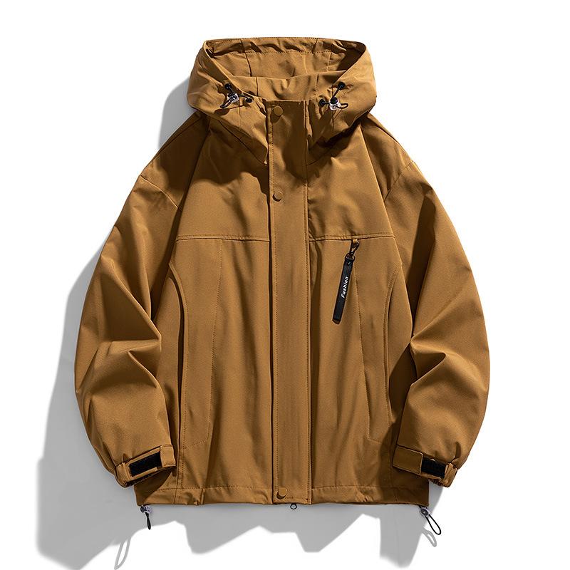 メンズ ジャケット フード付き トレンチコート 風防 学生 ストリート コート トップス 秋冬 春夏 ポリエステル 100 透気性 運動スタイル ルーズフィット ジップアップ 長袖 フラップカラー サイドポケット 直裾 免・聞 黒 キャラメル ミリタリーグ