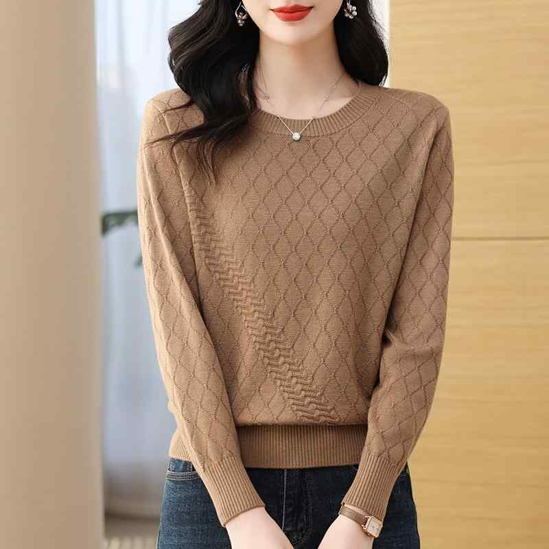 ニットセーター 女性用 春夏 秋冬 丸首 長袖 羊毛混 ?? 切り替え 立体装飾 短丈 通勤用 普段使い 気質 優雅 イエロー グリーン キャメル グレー ワインレッド 単品 セットアップ不可 軽量 伸縮性 吸湿速乾 再生繊維 ブラック ピンク系 アイボ