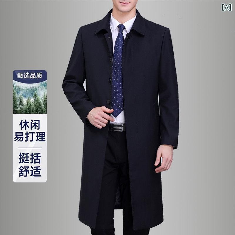 メンズ コート 中年 ロング 膝下 外套 ゆったり 大きいサイズ ビジネス 紳士 軽ビジネス 合体 翻領 シングルブレスト ポリエステル 免? 純色 ネイビー グレー 春秋 日常 通勤