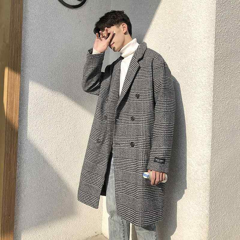 コート メンズ 千鳥格 英倫風 トレンド かっこいい ゆったり 中長丈 ウール混紡 コットン混紡 ポリエステル グレー格子 コーヒー格子 フラップポケット スーツカラー 西装風 春 秋 冬 ファッション ユース カジュアル アウター ジャケット ロングコ