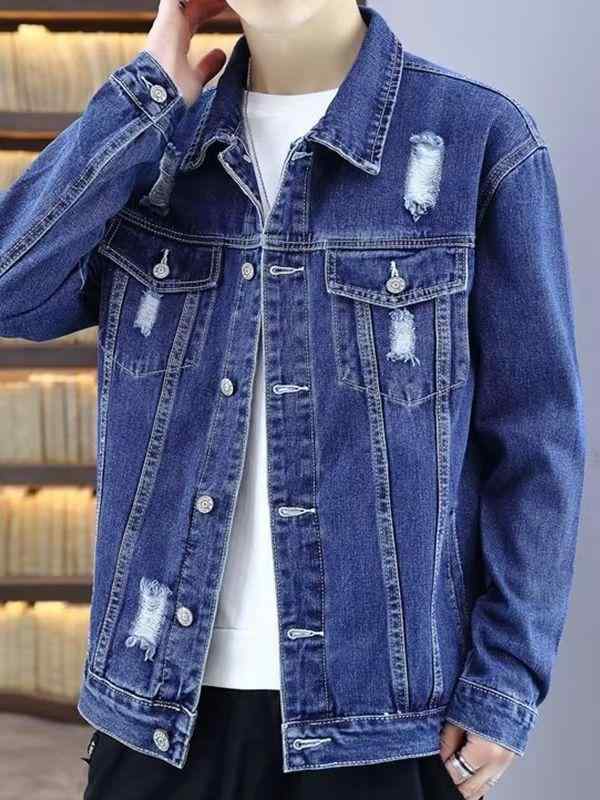メンズ 牛仔ジャケット コート 春秋 男性用 村上風 破洞 韓国風 トレンド ルーズ 修身 長袖 コットン 70% 日常 着用 ライトブルー ダークブルー 側ポケット ロブヘム シングルブレスト スタンドカラー ミディアム厚