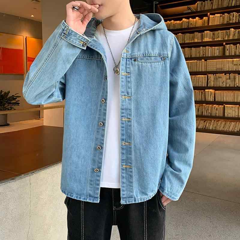メンズ コート ジャケット 牛仔 デニム 長袖 連帽 防風 軽量 伸縮性 吸湿速乾 多ポケット サイドポケット ゆったり シルエット ワイド フィット 軽い 素材 コットン 綿 ポリエステル レイヨン ブレンド 浅青 ライトブルー 春 秋 秋冬 青年 男