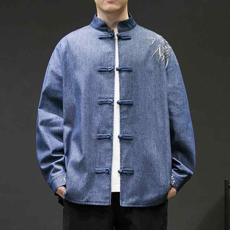 メンズ シャツ トップス 牛仔 コットン 刺繍 デザイン 立領 シングルブレスト ワイドフィット ルーズ スタイル 春秋 軽量 伸縮性 吸湿速乾 日常 使い 通勤 普段使い ライトブルー ダークブルー 直裾 ノンアイロン 加工 ティーン ユース ファッシ