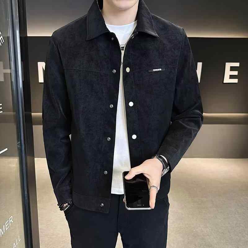 メンズ ジャケット 春夏 防風 合体型 翻領 長袖 単排扣 化繊混紡 ポリエステル ブラック ブラウン 厚手 軽量 伸縮性 吸湿速乾 直裾 サイドポケット 免?処理 韓国風 カジュアル 修身 外套 普段使い 青年向け 潮っぽい 高級感