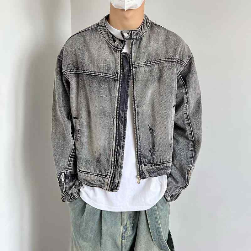メンズ ジャケット 牛仔 デニム コート 短丈 無地 黒灰色 綿素材 耐摩耗 防風 軽量 伸縮性 吸湿速乾 春秋 秋冬 長袖 スタンドカラー ジップ ルーズフィット ワイドシルエット サイドポケット 直裾 切り替え デザイン メンズカジュアル ストリート