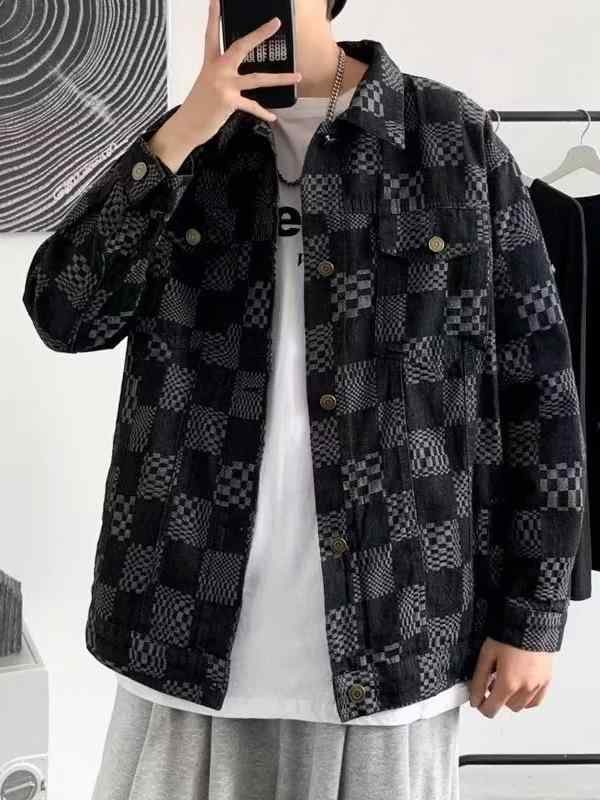 メンズ ジャケット 牛仔 チェッカー柄 綿 耐摩耗 長袖 翻領 シングルブレスト ルーズフィット ラウンドヘム カラーブロック 黒 紺 秋冬 春夏 カジュアル ストリート 作業着風 トップス 青少年向け 外し着 用 普段使い 通勤 通学 軽量 伸縮性 吸