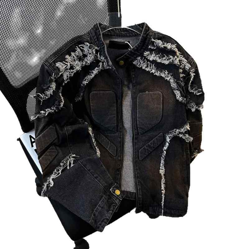 メンズ 牛仔ジャケット 春秋 復古 立領 痞? 機車風 トップス クールスタイル 耐磨 綿素材 65% 長袖 直下? 側ポケット ラジカル ワイドシルエット 日常使い 黒 藍色 青少年向け 外穿 免?加工 浮雕 毛? 肩パッド 春夏秋冬 通勤 カジュアル