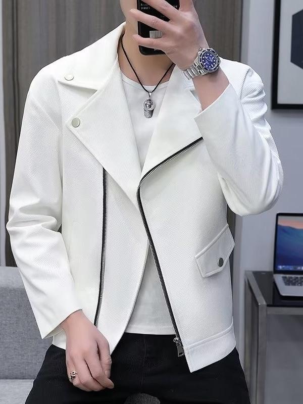 メンズ ジャケット 短丈 バイカー コート 韓国風 ゆったり 長袖 スタンドカラー ジップアップ ホワイト 防水 耐久性 防風 薄手 合身 サイドポケット ローマンリブ 裾 春用 ポリエステル混紡 化繊 軽量 カジュアル ストリート ファッション 青少年