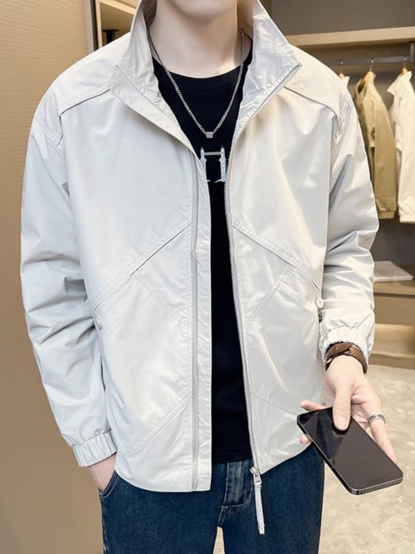メンズ 春夏 ジャケット 立領 修身 切り替え 長袖 ポリエステル 混紡 軽量 吸湿速乾 ブラック 杏色 日常 外出 青春 流行 青少年 直裾 サイドポケット 徽章 デザイン 国風 カジュアル トップス