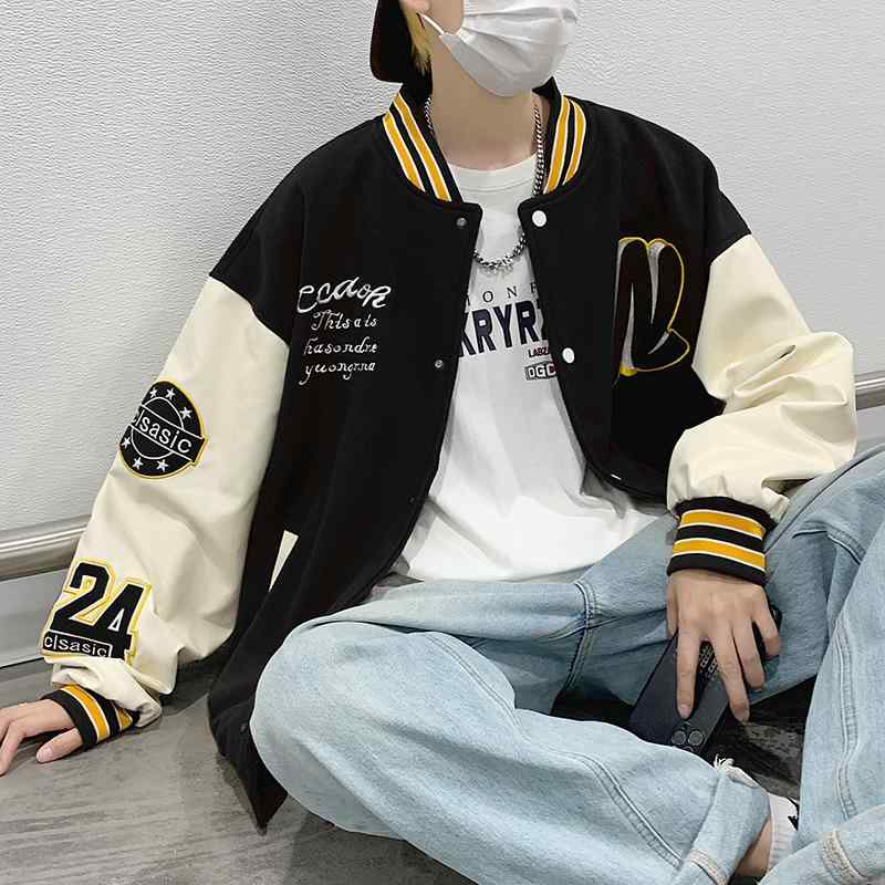 メンズ ジャケット 棒球服 風 外套 秋冬 青少年 男性用 加厚 広幅 ゆったり ルーズ フィット キャジュアル コート 長袖 無襟 シングルブレスト 耐久 耐摩耗 ウール混 コットン裏地 ロープリント ヘム 免アイロン サイドポケット 日常 着用 ブラ