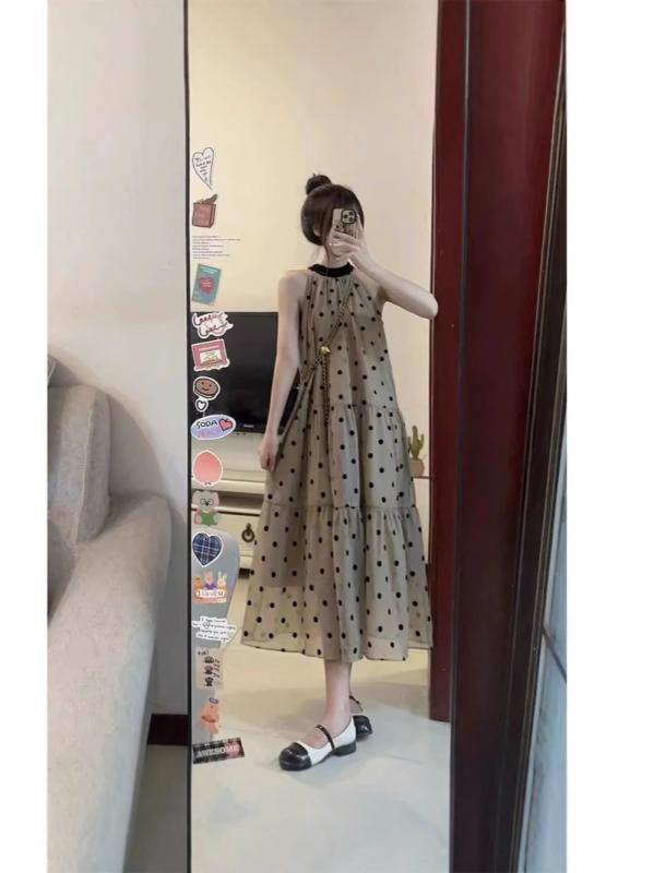 ワンピース レディース 夏 吊り紐 ドット柄 フレアスカート 中長丈 ハルムエッジ ハングネック ノースリーブ ハイウエスト ポリエステル Aライン かわいい 日韓カジュアル 快適 軽量 切り替え