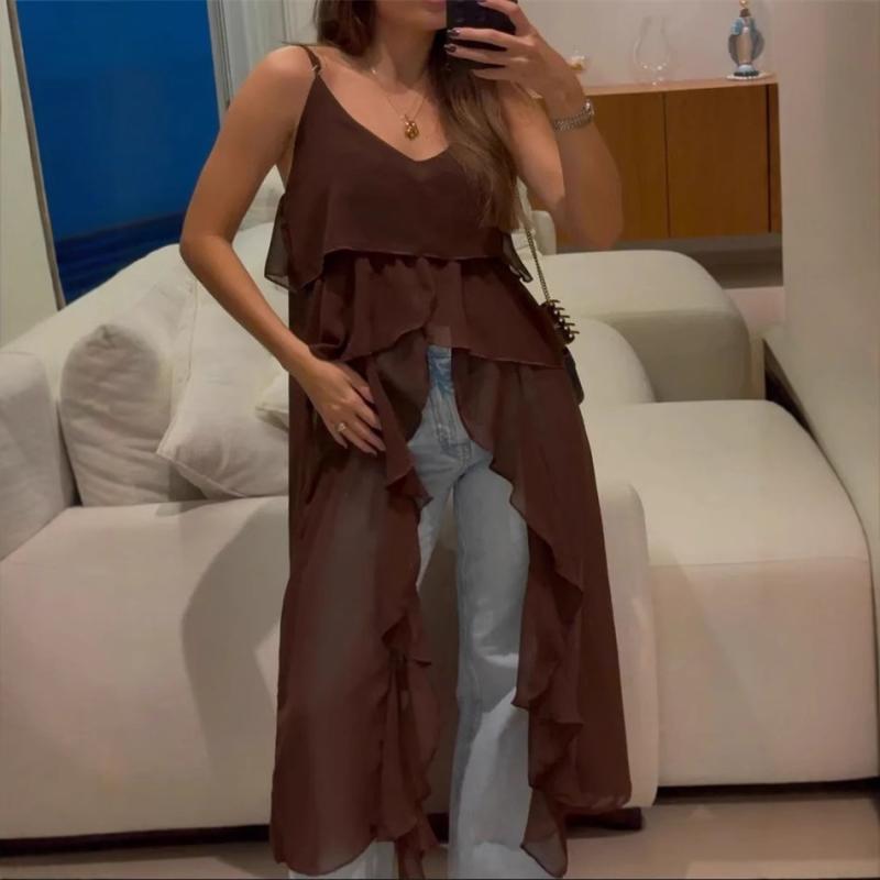 ワンピース レディース 春夏 セクシー Vネック フリル 裾切り替え 吊り紐 ロングドレス 中腰 無袖 ポリエステル スパンデックス 伸縮性 コーヒー チョコレート ブラック ホワイト カーキ 私服 かわいい 普段使い 通勤用 軽量 ビッグシルエット