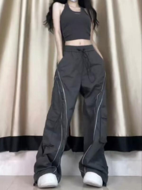 レディース ワイドパンツ 春夏 接触冷感 ポリエステル 高腰 ゆったり ドローストリング ロング丈 薄手 ポケット 街頭スタイル グレー 軽量 吸湿速乾 ハイウエスト ビッグシルエット ミリタリー風 普段使い 通勤用 カジュアルパンツ 涼しい 伸縮性 無
