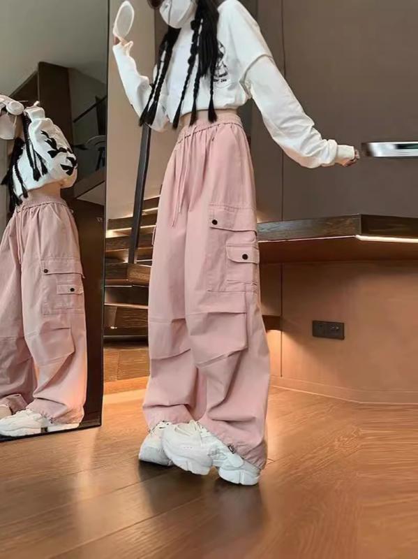 レディース 工装パンツ 秋冬 直筒 ハイウエスト ワイドレッグ くつろぎカジュアル ポケット ミッドウェイト 微弾性 ポリエステル ストレッチ ブラック ピンク ベージュ 日常使い ゆったりシルエット 快適素材 デイリーウェア ソフトタッチ トレンドカラ