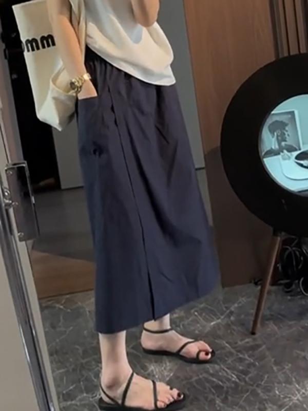 スカートパンツ 女性用 夏用 接触冷感 綿混 再生繊維 薄手 軽量 中弾性 黒 ネイビー カーキ 九分丈 ワイドレッグ ハイウエスト ゆったりシルエット スリット ポケット付き 顯・覧 直筒 半身スカート 日常カジュアル ルームウェア 外出着 通勤 ショッ