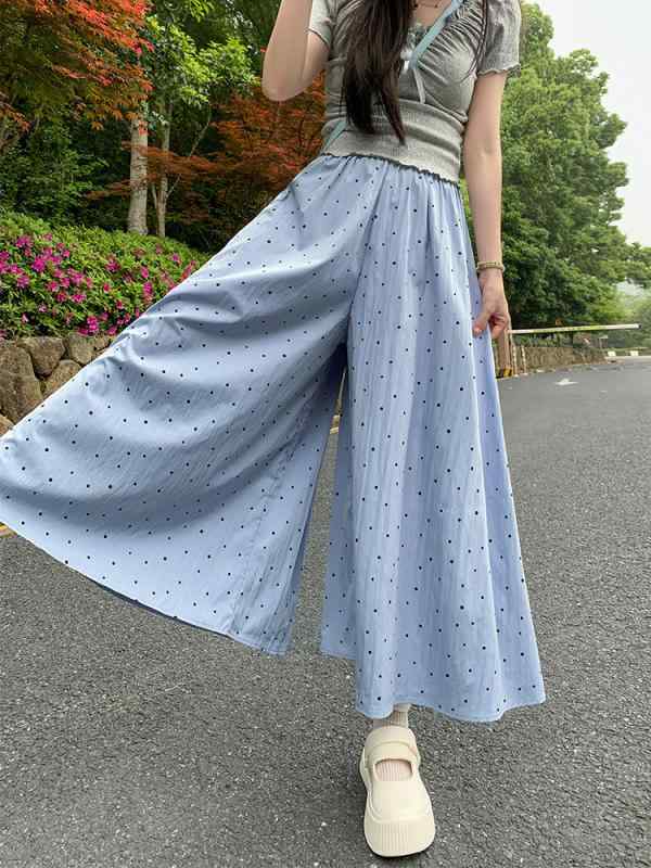 レディース スカートパンツ 春夏 スカート ワイドパンツ ハイウエスト Aライン 波点柄 薄手 軽量 微弾性 ポリエステル混紡 化繊混紡 切り替え スリム効果 膝下丈 ゆったりシルエット 日韓カジュアル 普段使い 通勤対応 米白 浅ブルー 黒 グレー ベ