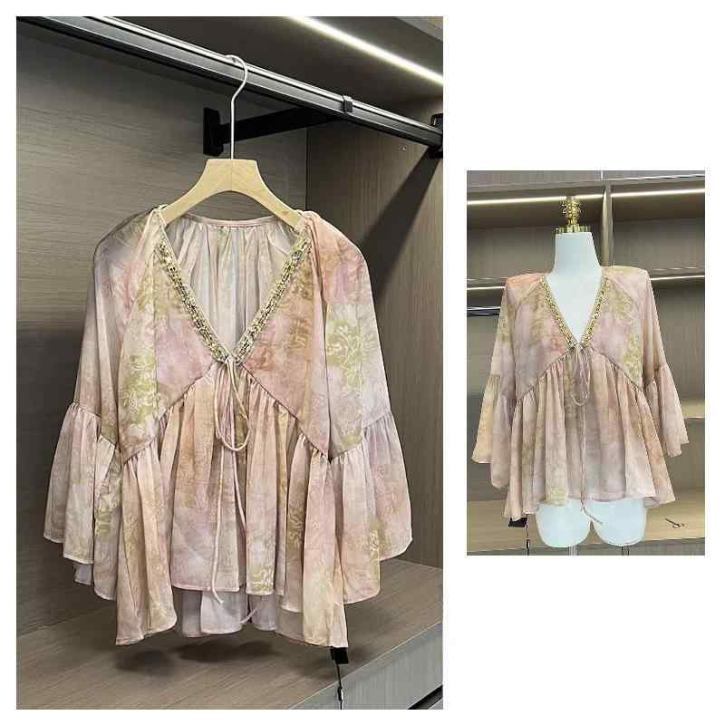 レディース セットアップ トップス ロングパンツ 春夏 軽量 ポリエステル 花柄 切り替え ラメ 刺繍 Vネック フレアスリーブ ゆったり シルエット 通勤 普段使い 都市 カジュアル 気質 スタイル