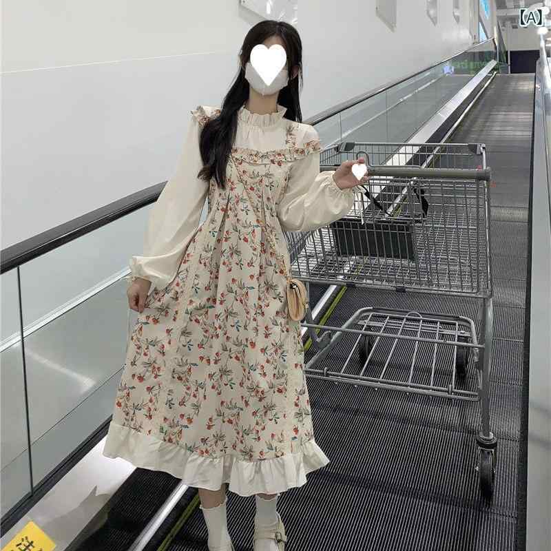 ワンピース 女性用 長袖 立領 甘め フラワー柄 切り替え 偽ツーピース Aライン 中長丈 ウエストシェイプ スリム効果 ポリエステル 素材 街頭スタイル 軽量 伸縮性 夏 春夏 通勤 普段使い カジュアル かわいい ピンク系 ブルー系 アイボリー ビッ