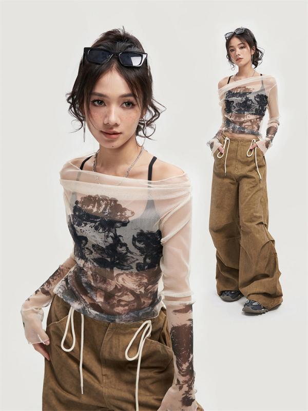 防晒 長袖 インナー Tシャツ 女性用 透け感 網目 レース トップス シャツ 薄手 軽量 伸縮性 ポロ 襟 プリンセス スリーブ 春夏 私服 洗練 スタイル 接触冷感 再生繊維 ブラウス インナーウェア