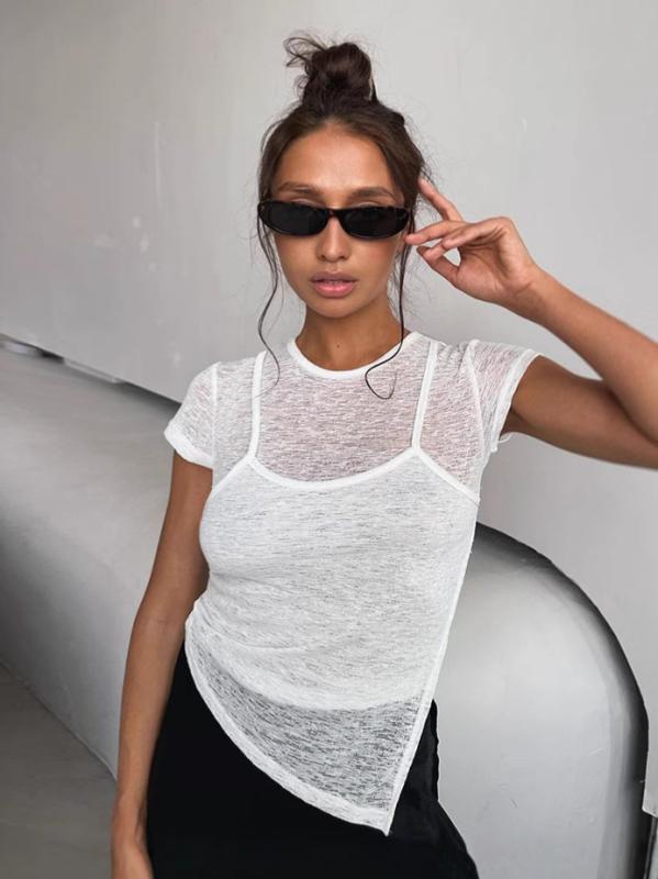 T シャツ 女性用 春夏 白色 透け感 インナー ニット 短袖 ラウンドネック クロップド トップス 打底シャツ 気質 通勤 普段使い 接触冷感 切り替え 粘膠繊維 ストレッチ 軽量 純色 セットインスリーブ ショート丈 クラシカル 欧米風 優雅 ブラッ
